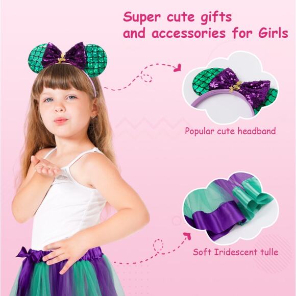 Mermaid Mouse Costume 2-5 Yrs Purple & Green Tutu with Mouse Ears Headband - Picture 3 of 6